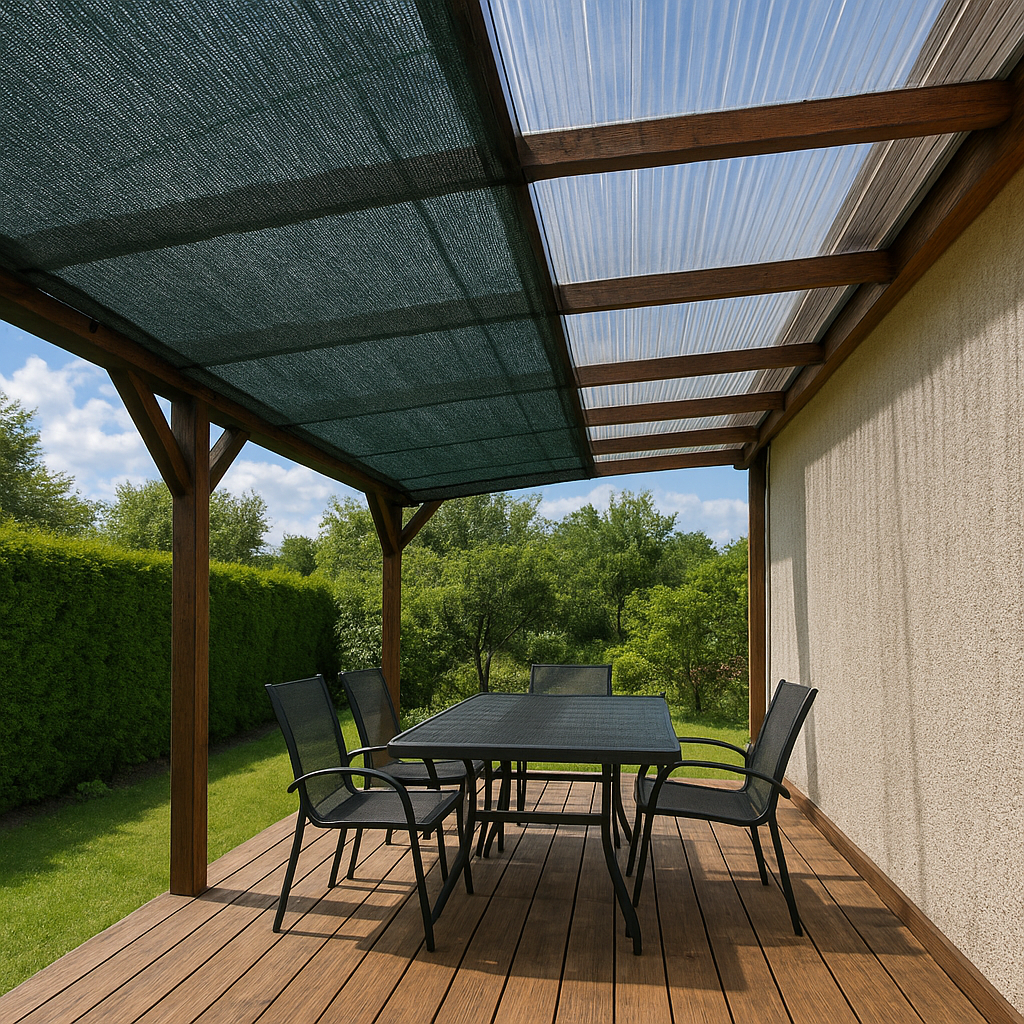 Комбинирование затеняющей сетки и поликарбоната на террасе